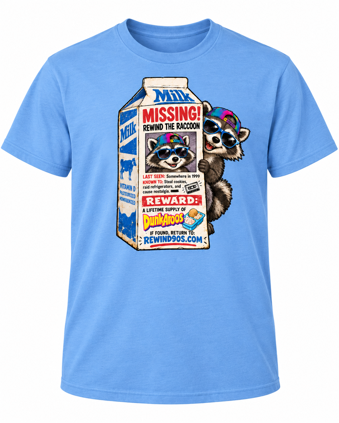 Missing Rewind the Raccoon – Retro Milk Carton Graphic Tee