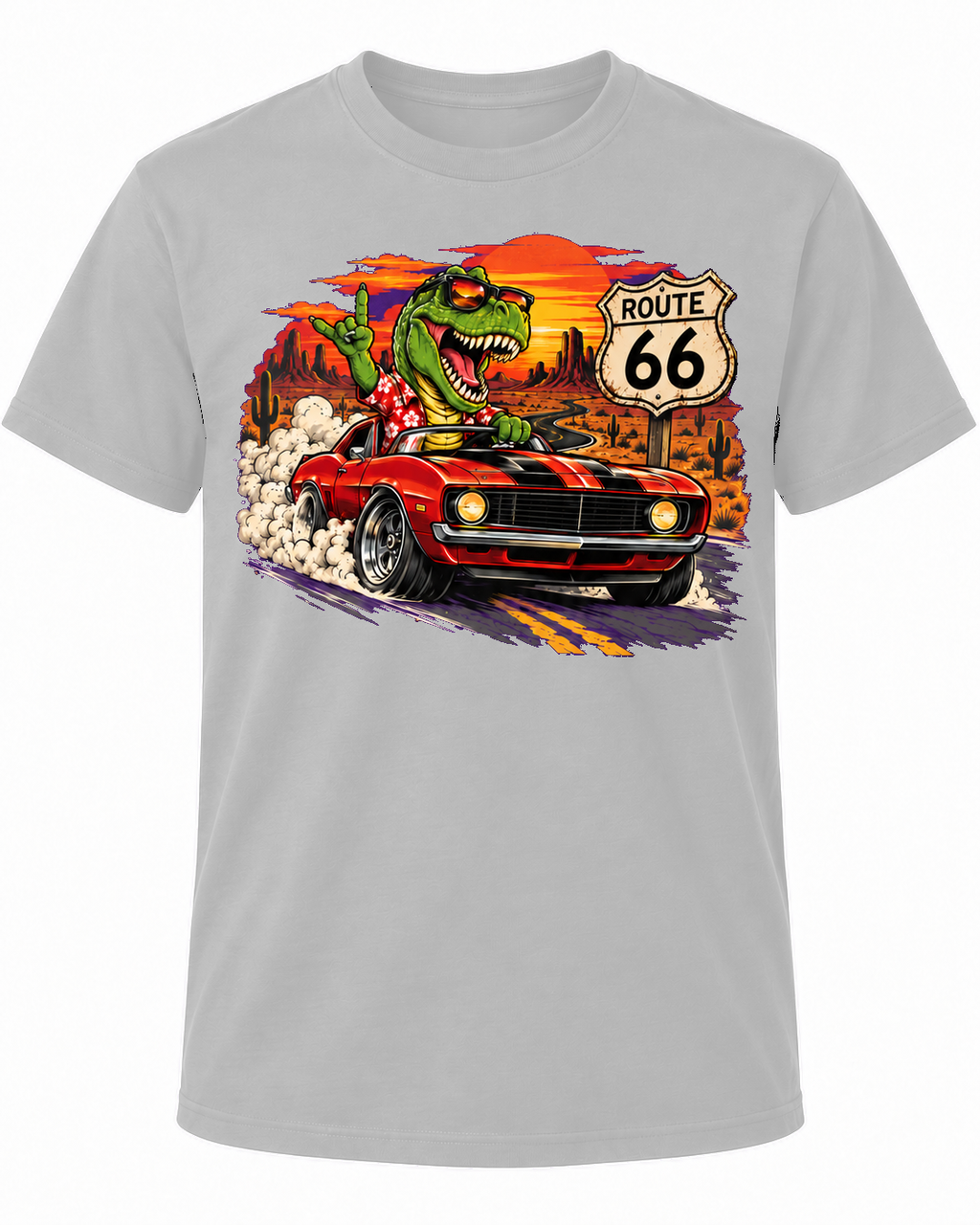Dino Driver on Route 66 Retro Graphic Tee – graphic shirt design