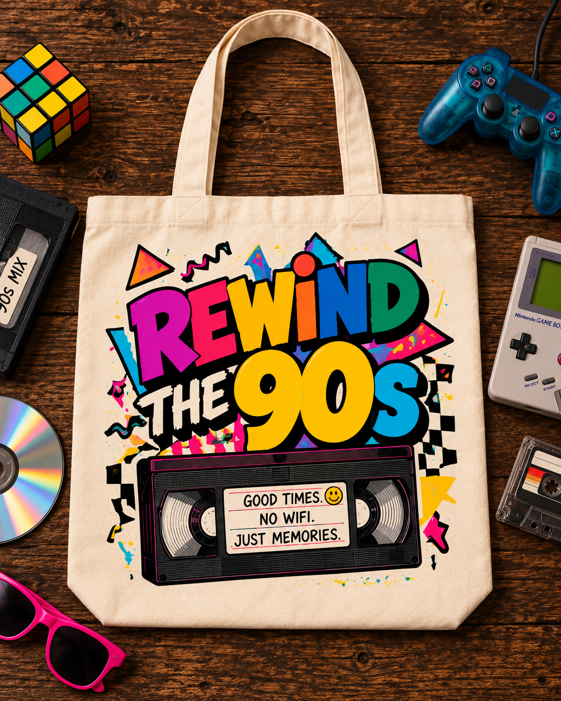Rewind the 90s Retro Cassette Tote Bag