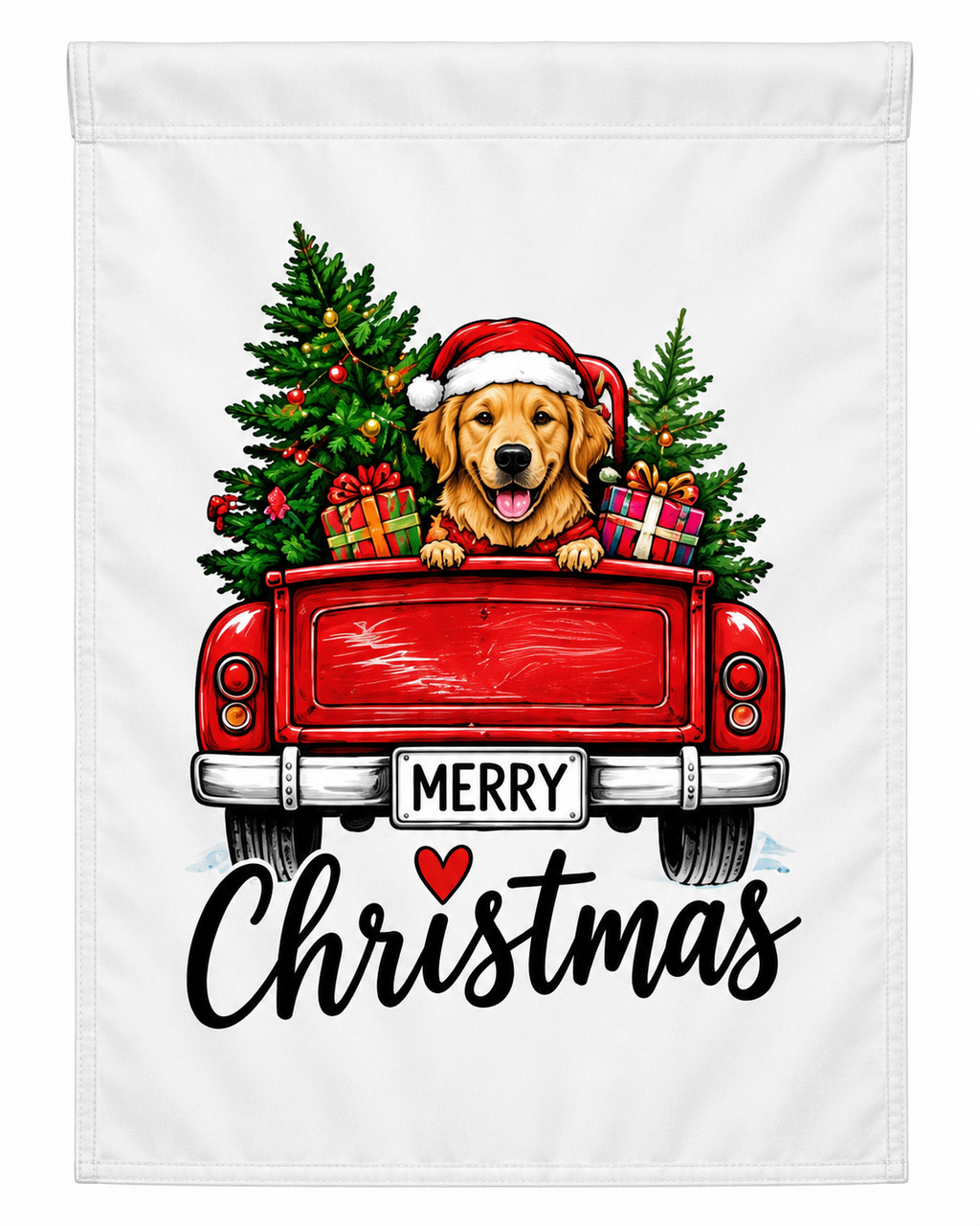 Merry Christmas Dog in Red Truck Garden Flag – Rustic Holiday Decor