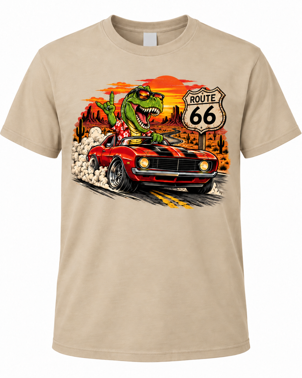 Dino Driver on Route 66 Retro Graphic Tee