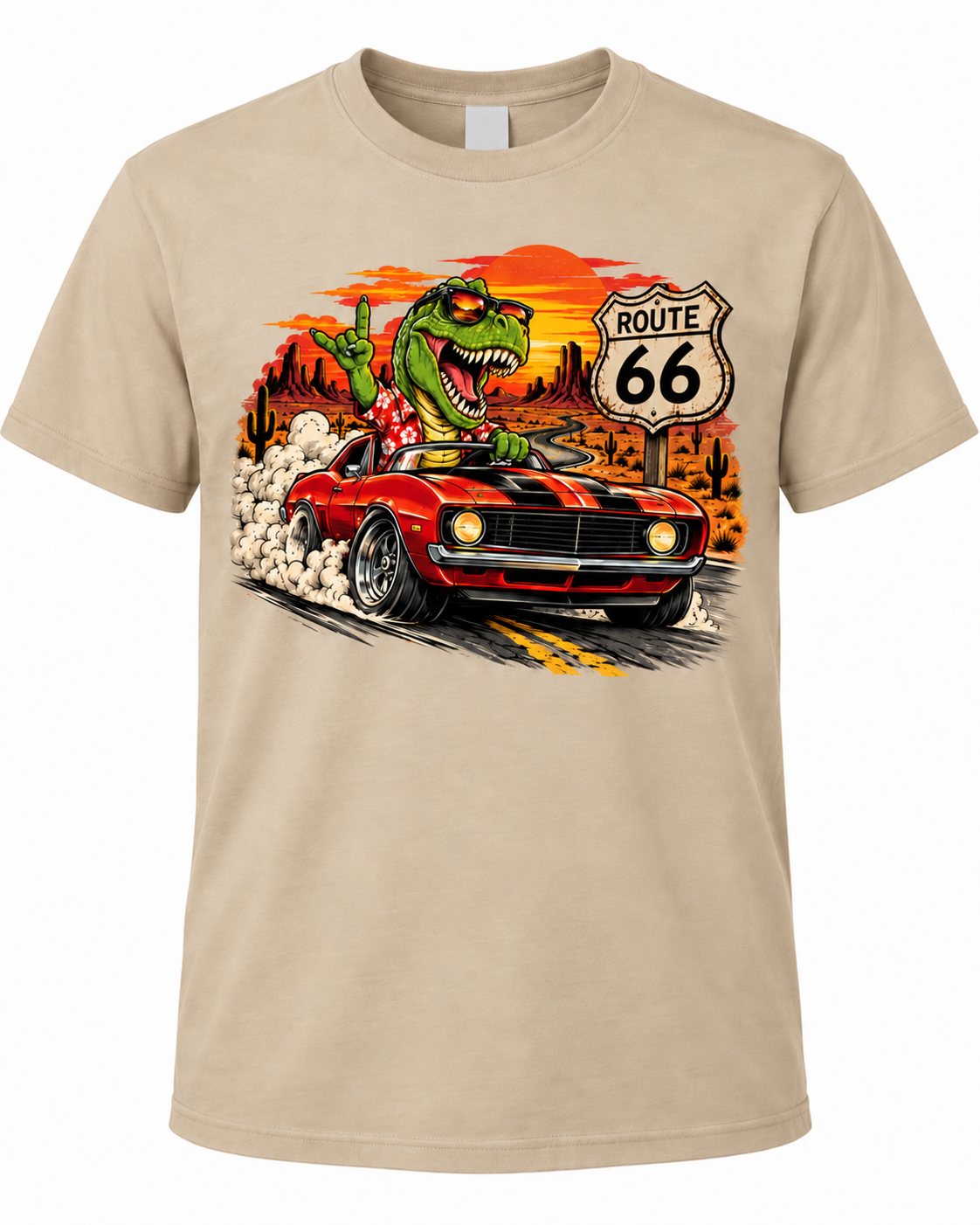 Dino Driver on Route 66 Retro Graphic Tee