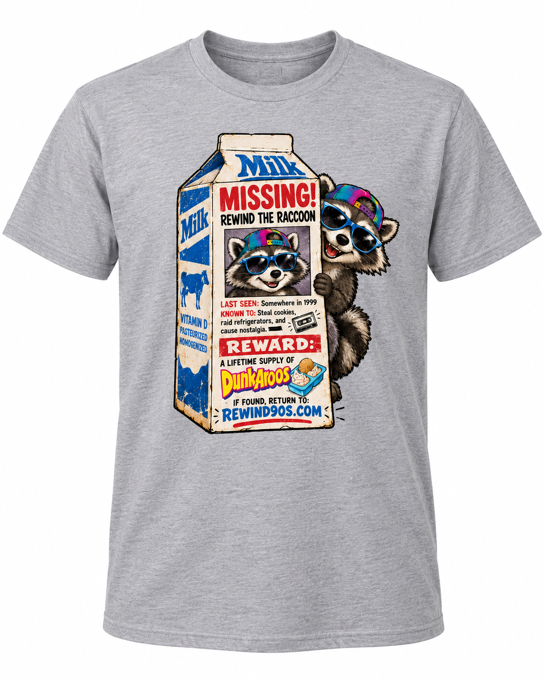 Missing Rewind the Raccoon – Retro Milk Carton Graphic Tee