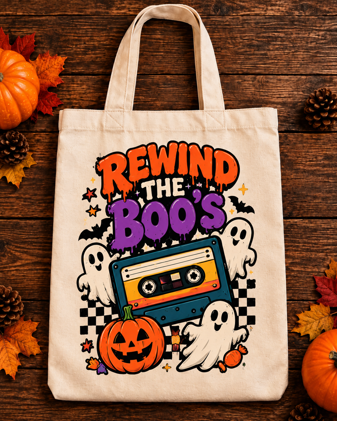 Rewind the Boos Retro 90s Halloween Tote Bag