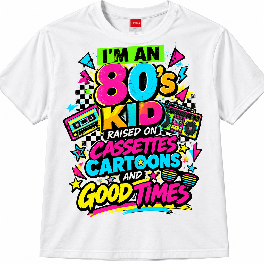 I’m an 80s Kid – Raised on Cassettes, Cartoons & Good Times T-Shirt