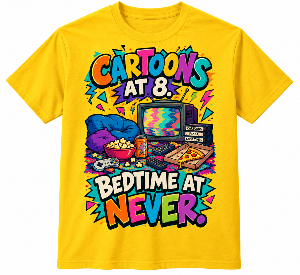 Cartoons at 8, Bedtime at Never – Retro 90s Graphic T-Shirt