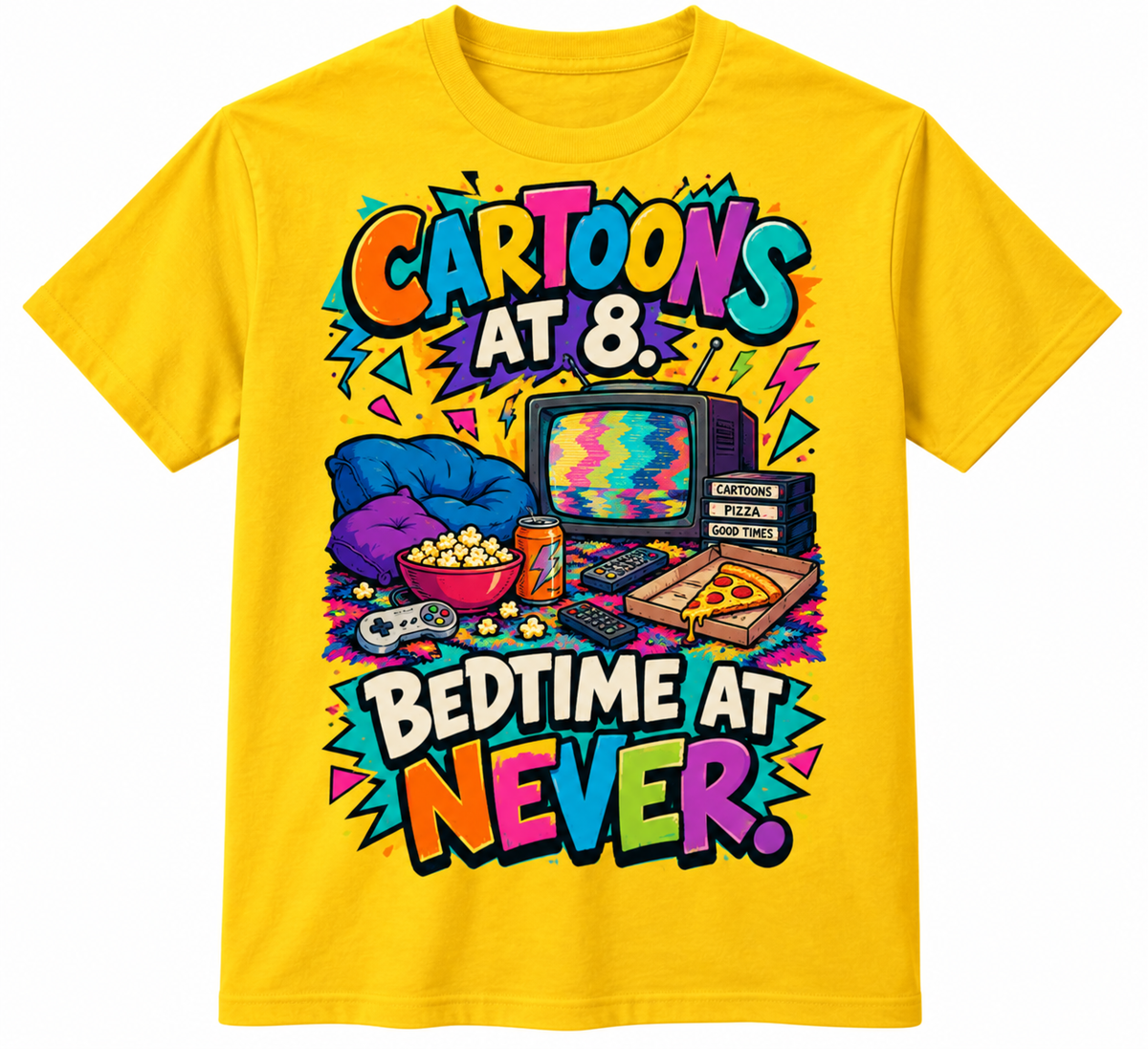Cartoons at 8, Bedtime at Never – Retro 90s Graphic T-Shirt