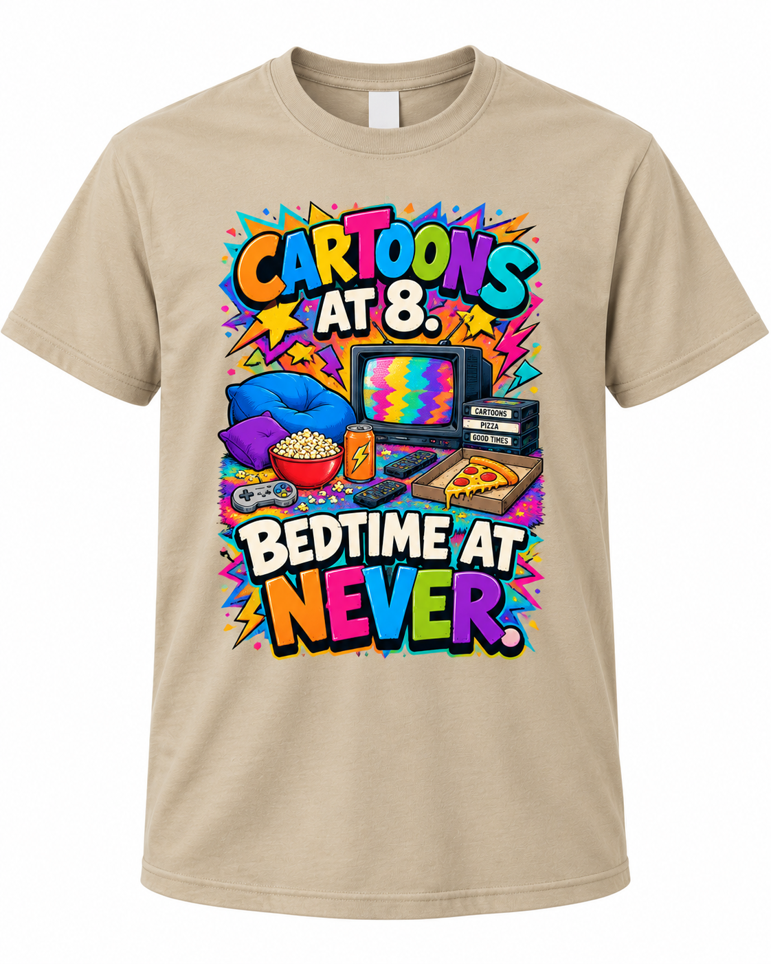 Cartoons at 8, Bedtime at Never with retro television and snack graphic