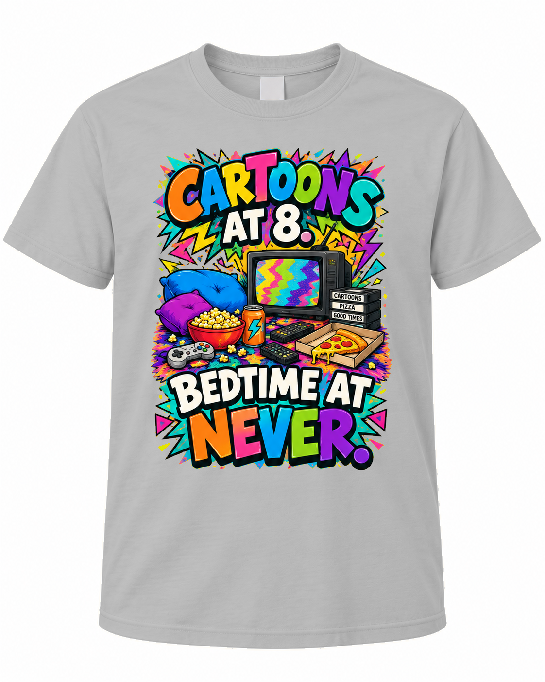 Cartoons at 8, Bedtime at Never with retro television and snack graphic