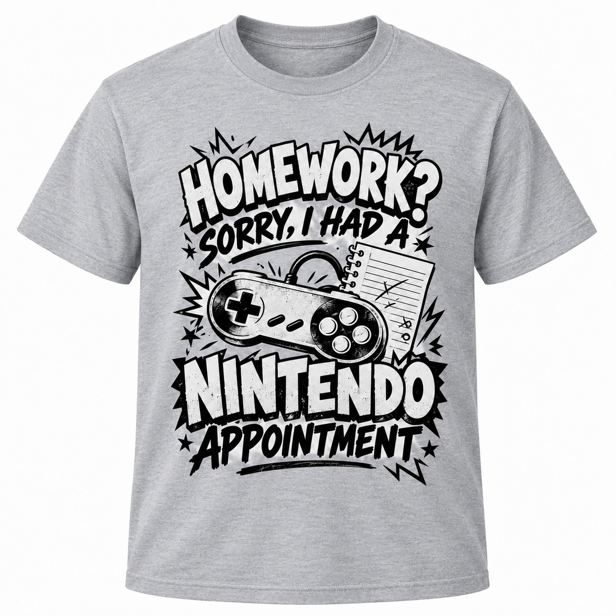 Homework? Sorry, I Had a Nintendo Appointment T-Shirt with retro game controller graphic