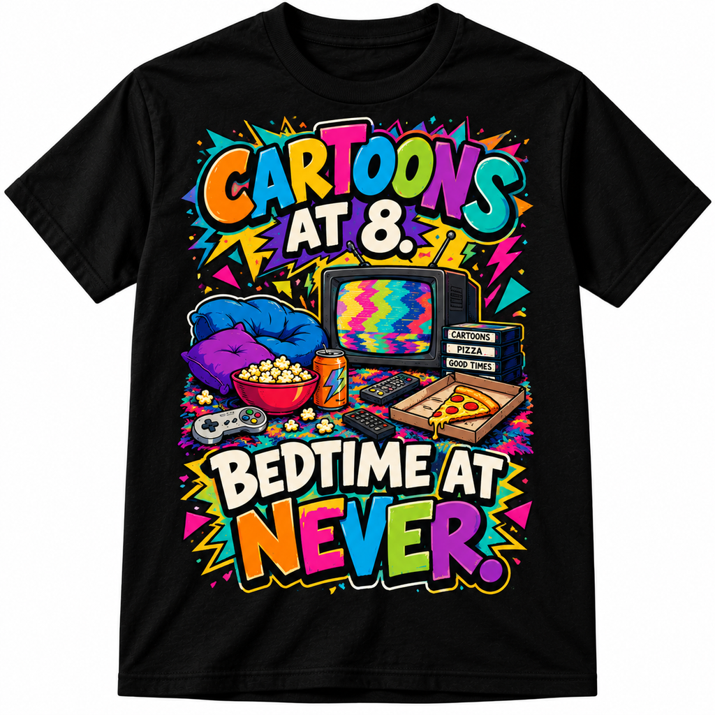 Cartoons at 8, Bedtime at Never – Retro 90s Graphic T-Shirt