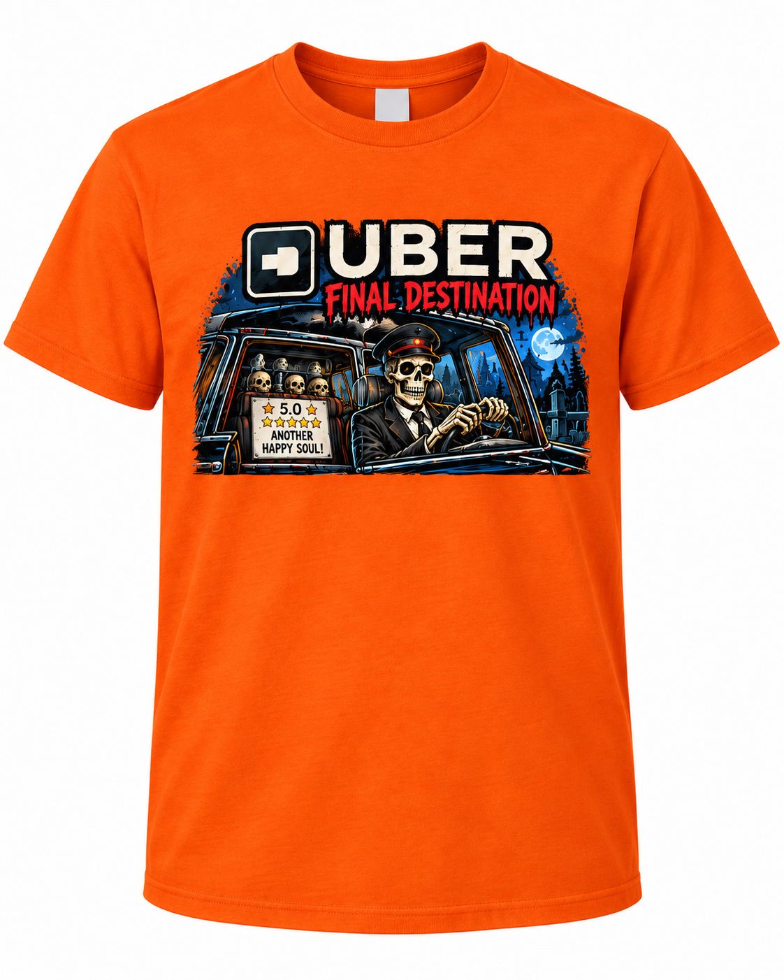 Uber Final Destination on Orange shirt