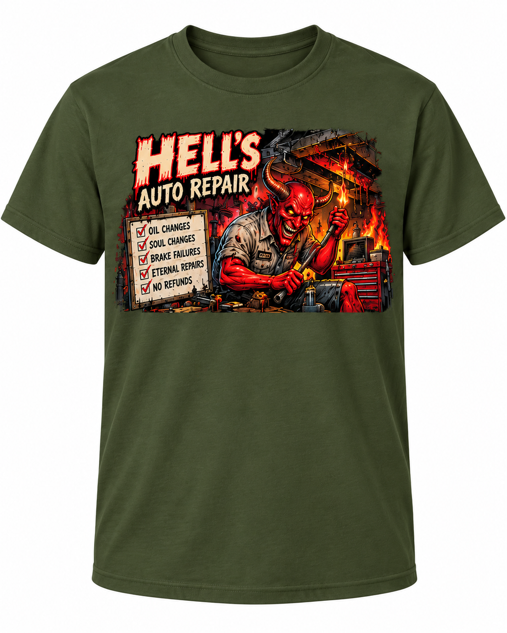 Hell's Auto Repair on Military Green shirt