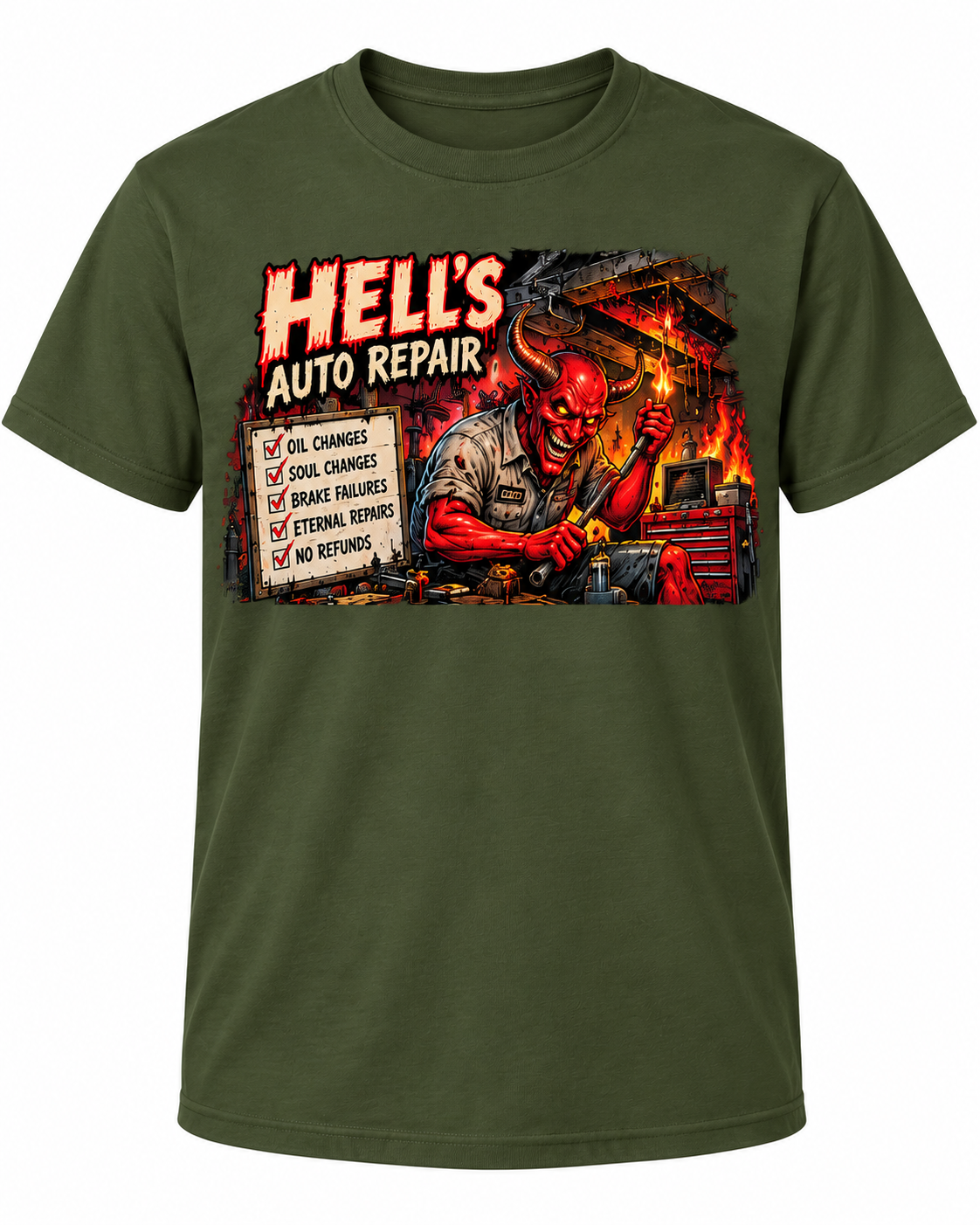 Hell's Auto Repair on Military Green shirt