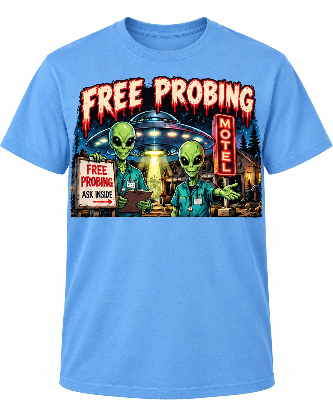 Free Probing – Motel on Carolina Blue shirt