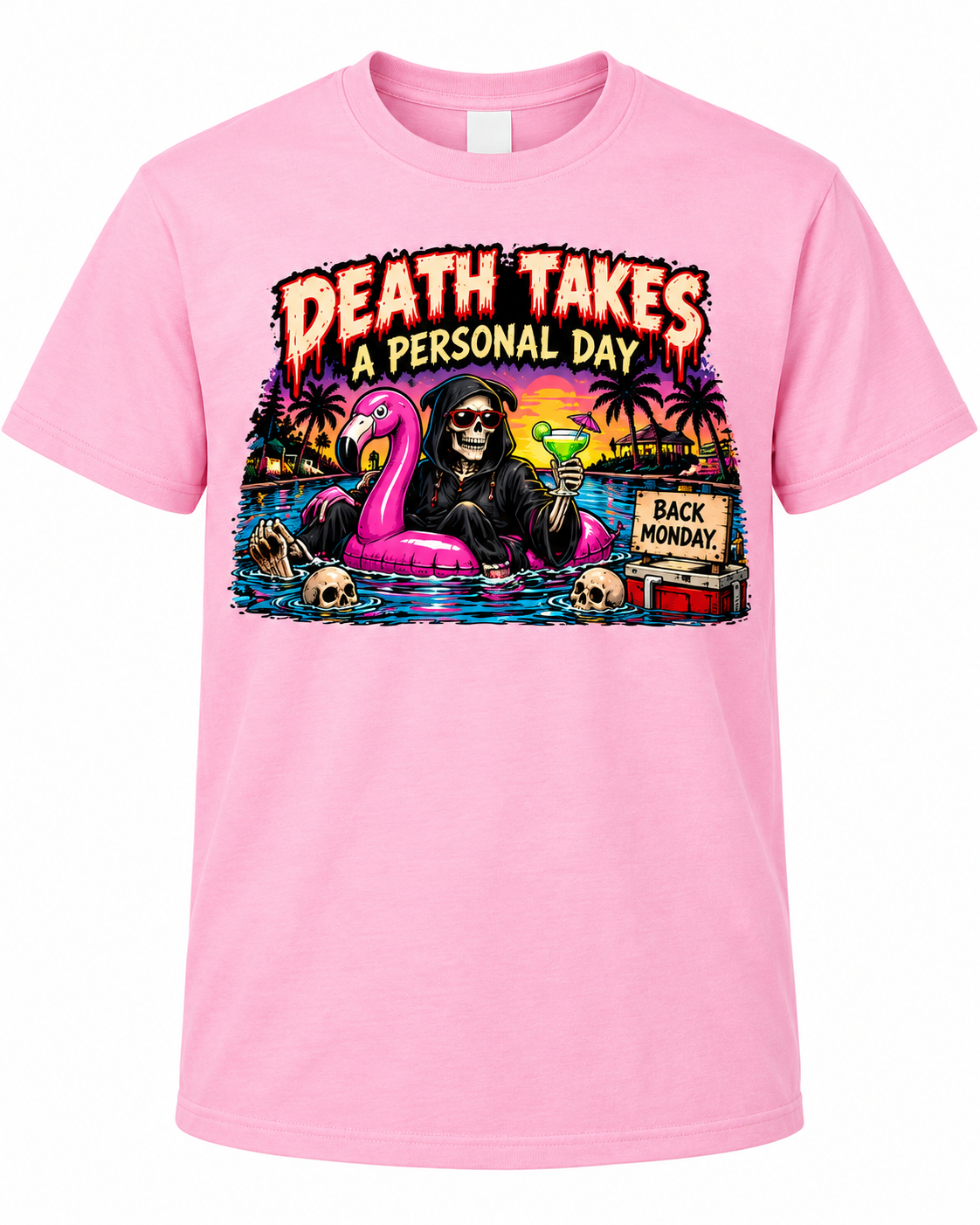 Death Takes a Personal Day on Light Pink shirt