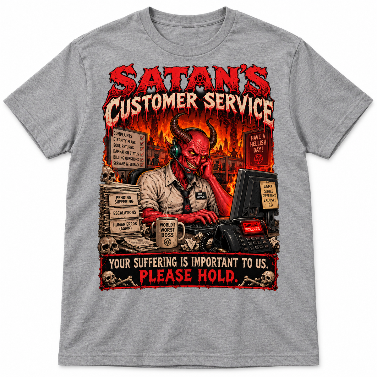 Satan's Customer Service on Sports Gray shirt