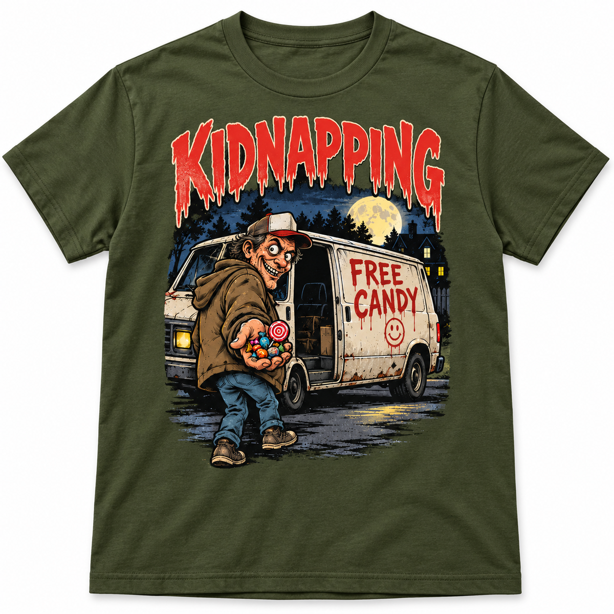 Kidnapping – Free Candy on Military Green shirt