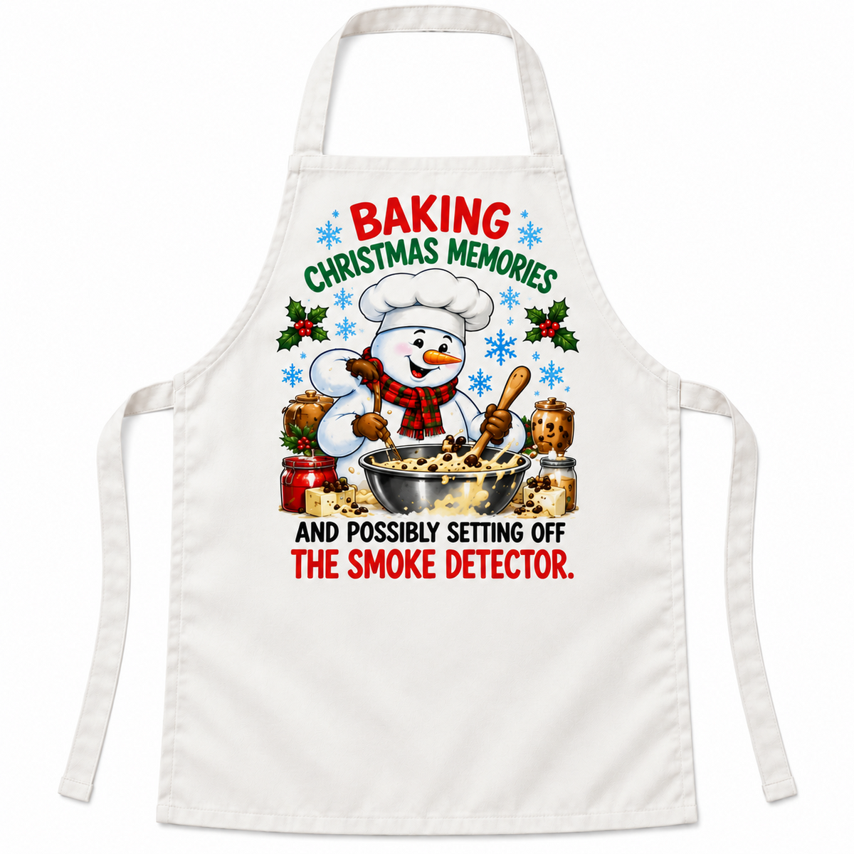 White Christmas apron with Baking Christmas Memories and Possibly Setting Off the Smoke Detector artwork