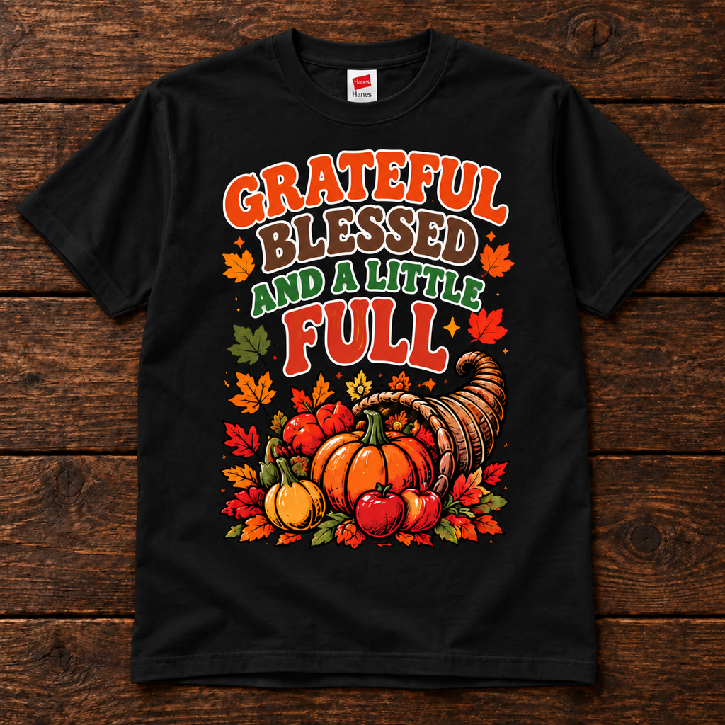 Grateful Blessed and a Little Full Thanksgiving T-Shirt