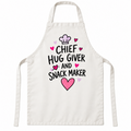 White apron featuring Chef, Hug Giver and Snack Maker