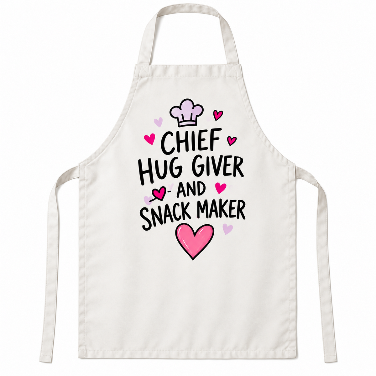 White apron featuring Chef, Hug Giver and Snack Maker
