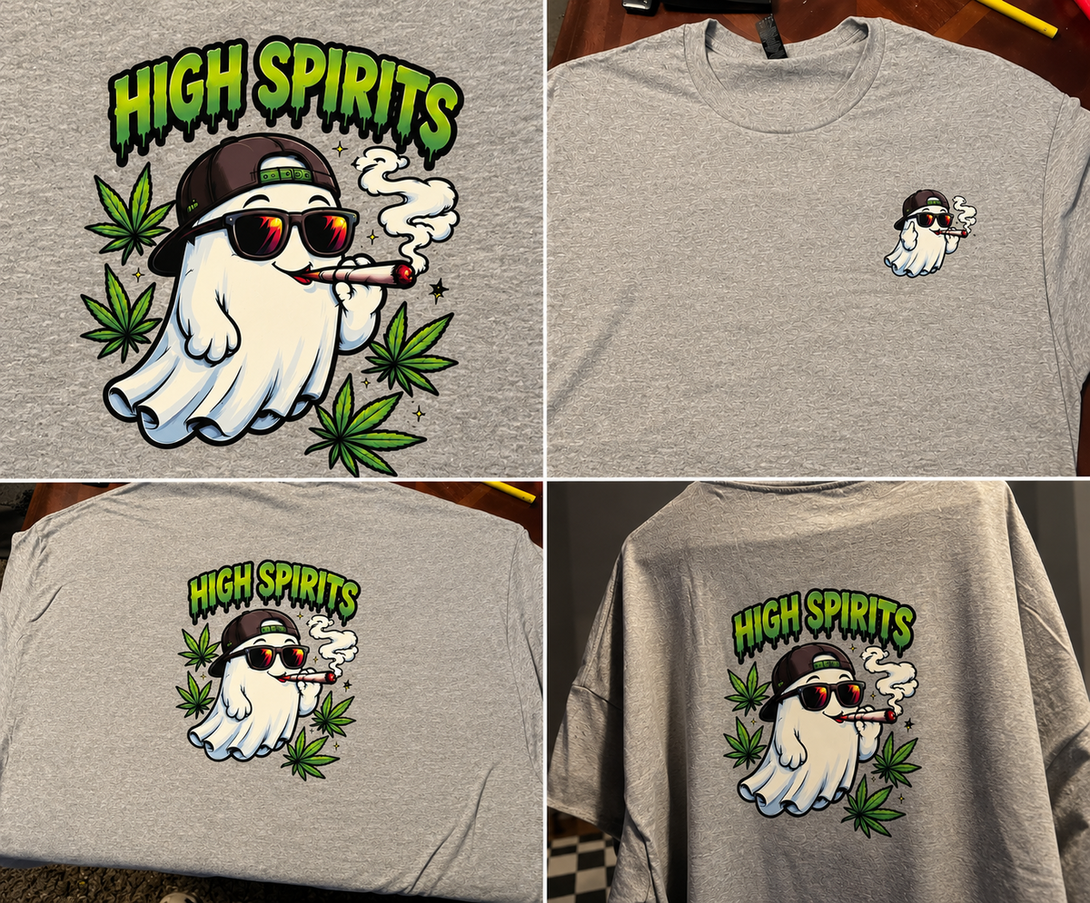 Four real-product photos of the heather-gray High Spirits T-shirt, showing the small front ghost graphic, larger back design, and printed details.