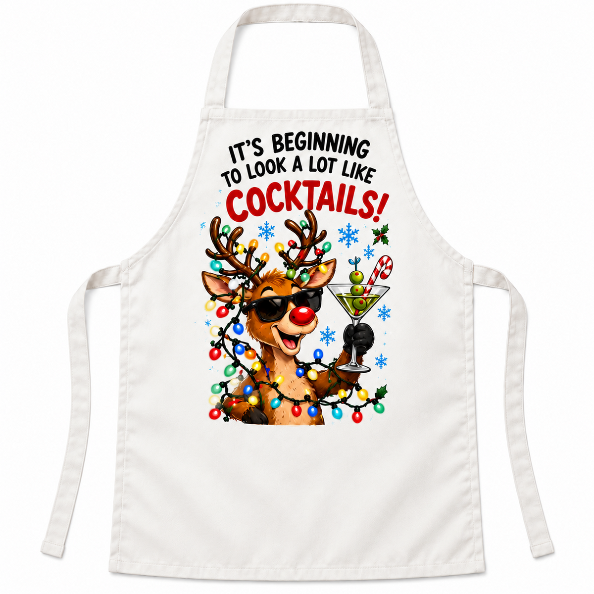 White Christmas apron with It's Beginning to Look a Lot Like Cocktails artwork
