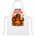 White apron with Let's Get Basted! Thanksgiving design