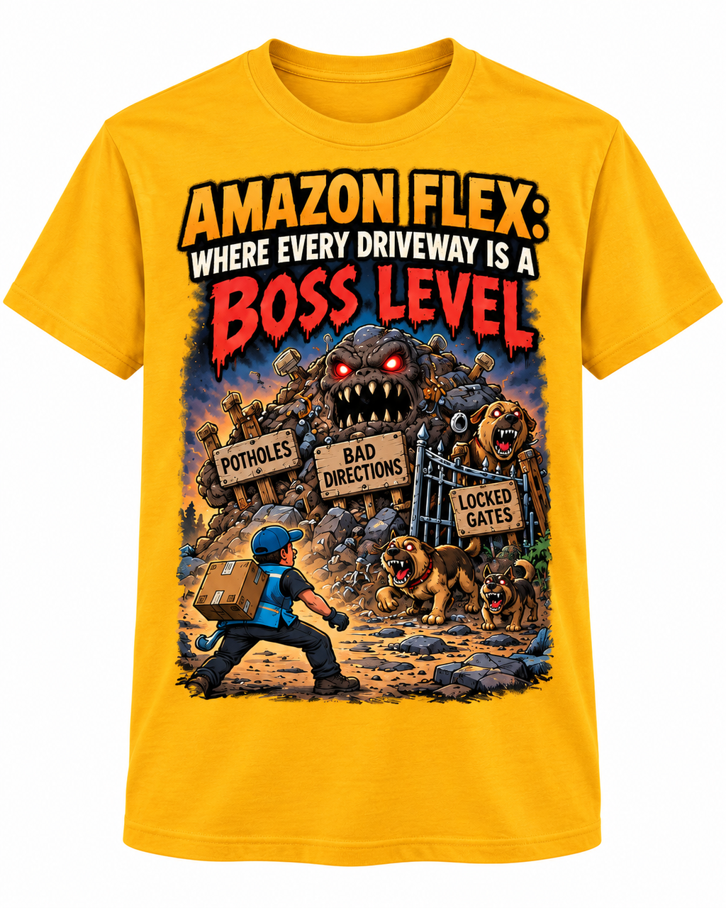 Amazon Flex: Where Every Driveway Is a Boss Level – Funny Delivery Driver T-Shirt alternate color mockup
