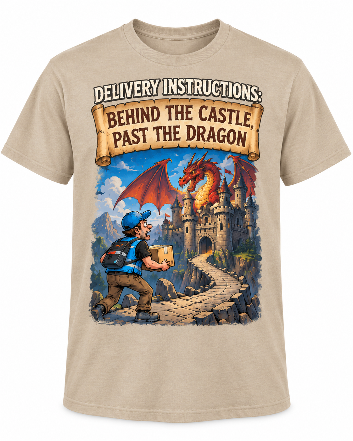 Delivery Instructions: Behind the Castle, Past the Dragon – Funny Delivery Driver T-Shirt alternate color mockup