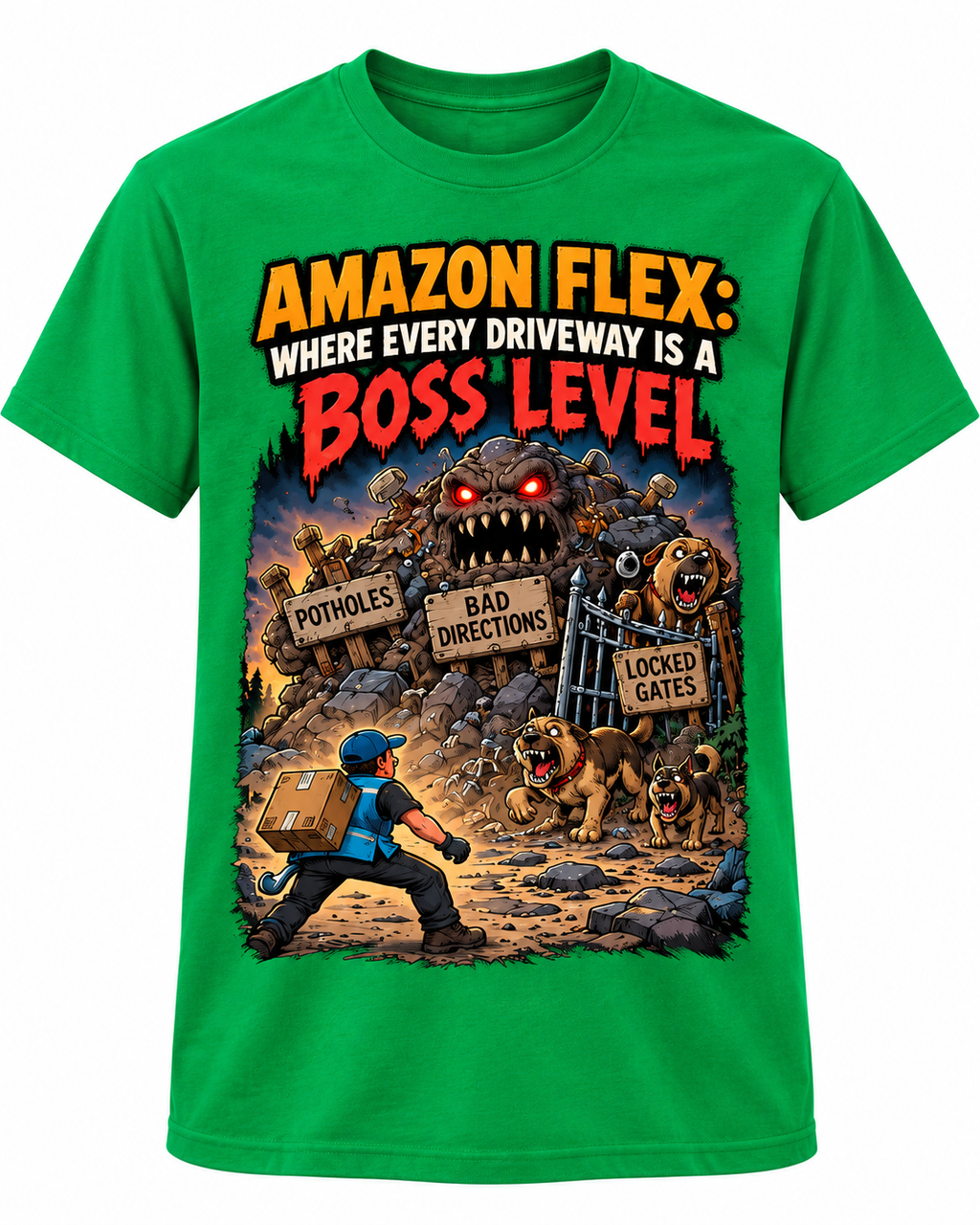 Amazon Flex – Take a Picture and Run shirt mockup in Sand
