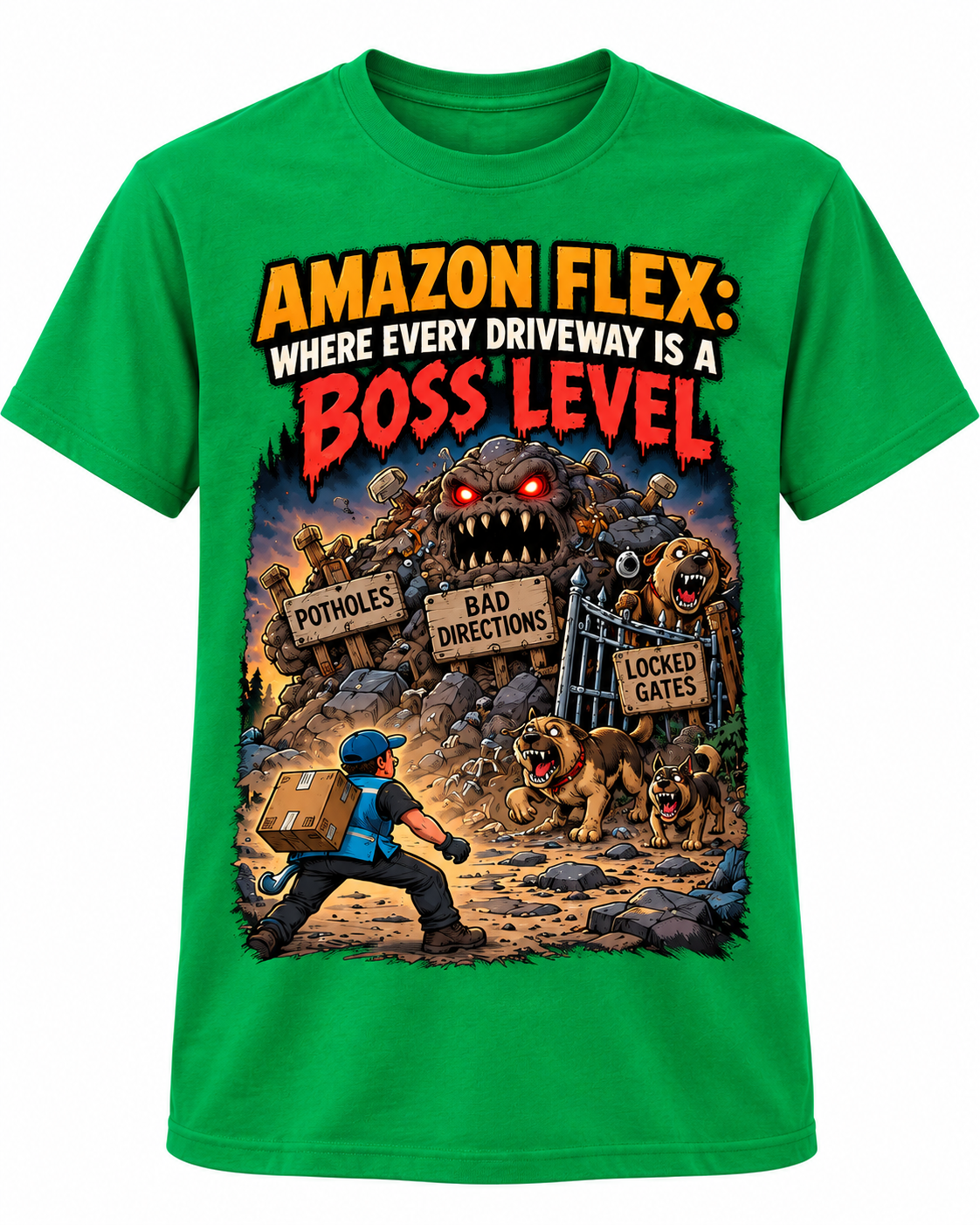 Amazon Flex – Take a Picture and Run shirt mockup in Sand
