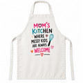 White apron featuring Mom's Kitchen – Where Messy Kids Are Always Welcome