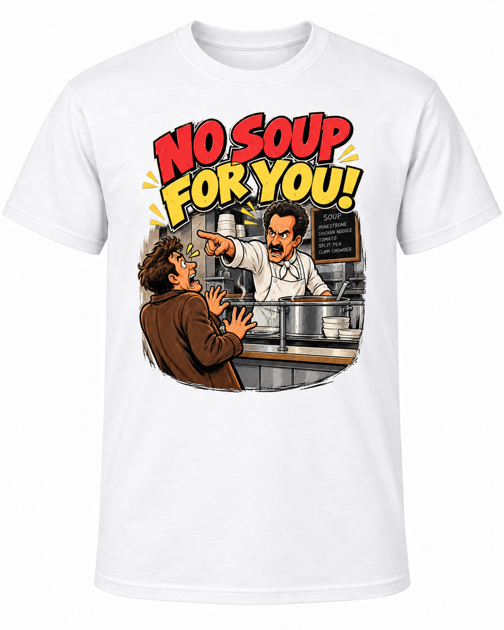 No Soup for You! Retro 90s Catchphrase Graphic Tee – Funny Throwback Shirt  Description: