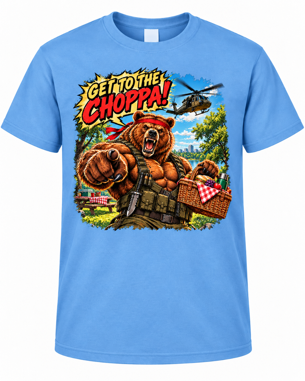 Get to the Choppa! Retro Action Parody Graphic Tee – Funny Throwback Shirt