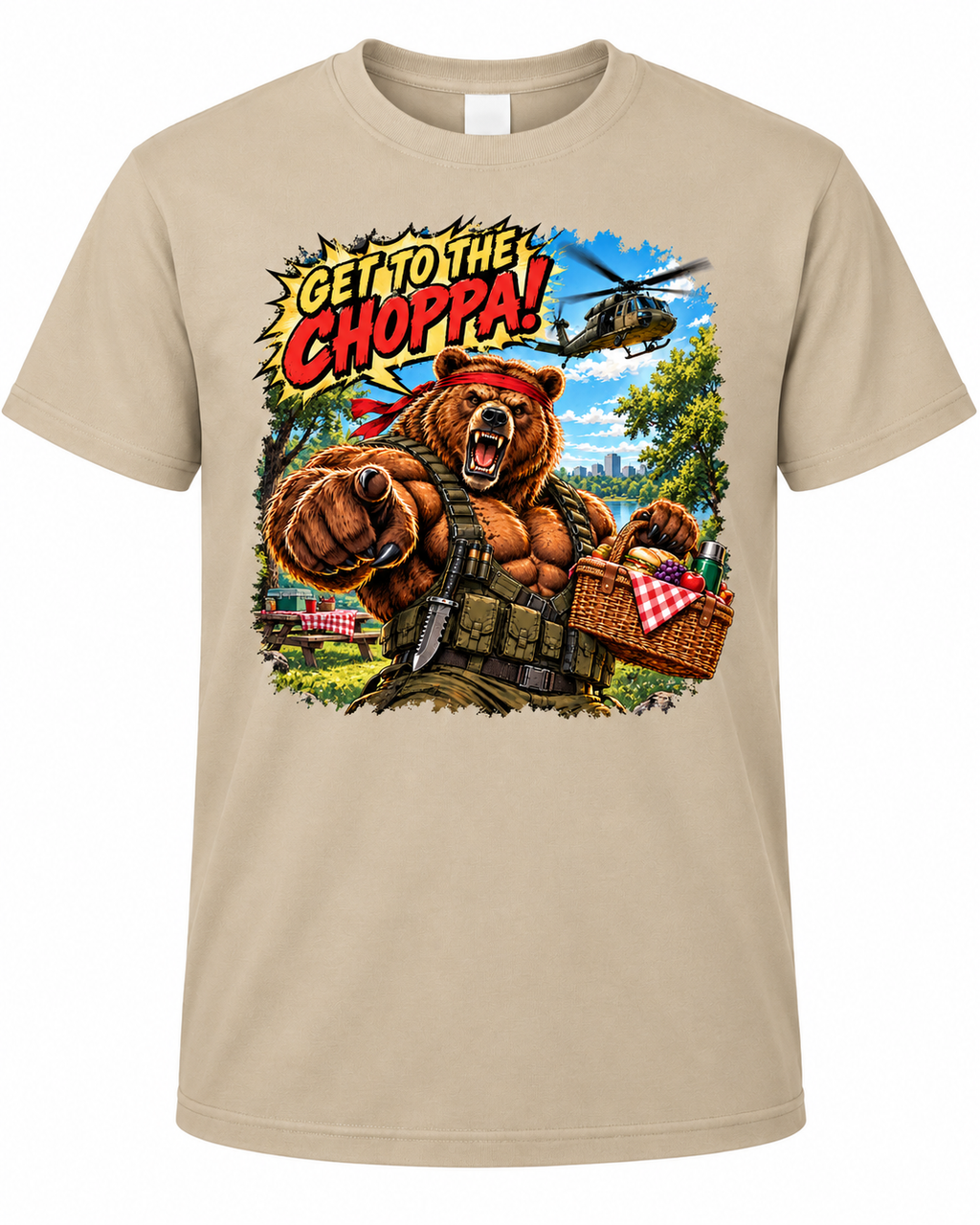 Get to the Choppa! Retro Action Parody Graphic Tee – Funny Throwback Shirt