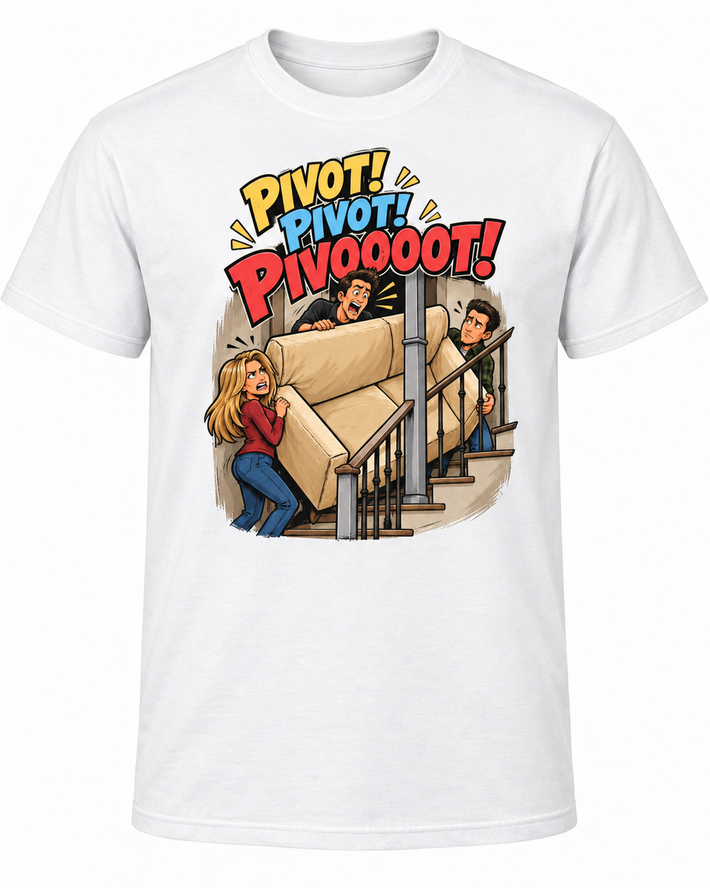 PIVOT! PIVOT! Retro 90s Comedy Graphic Tee – Funny Moving Day Shirt