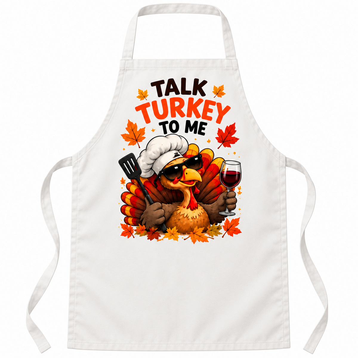 White apron with Talk Turkey to Me Thanksgiving design