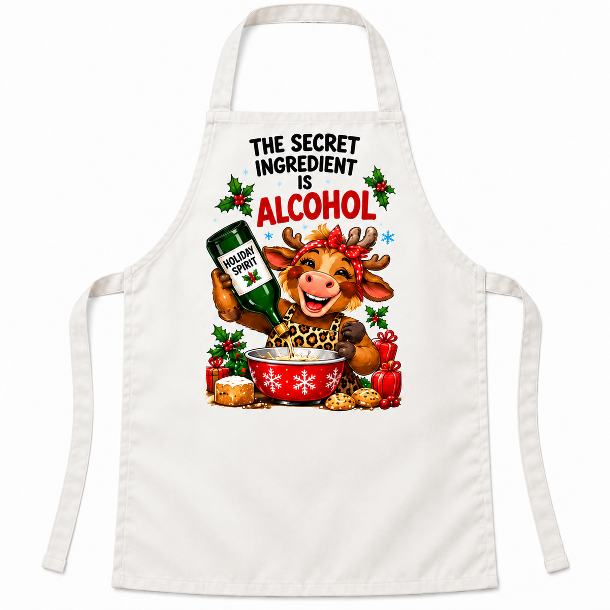 White Christmas apron with The Secret Ingredient Is Alcohol artwork